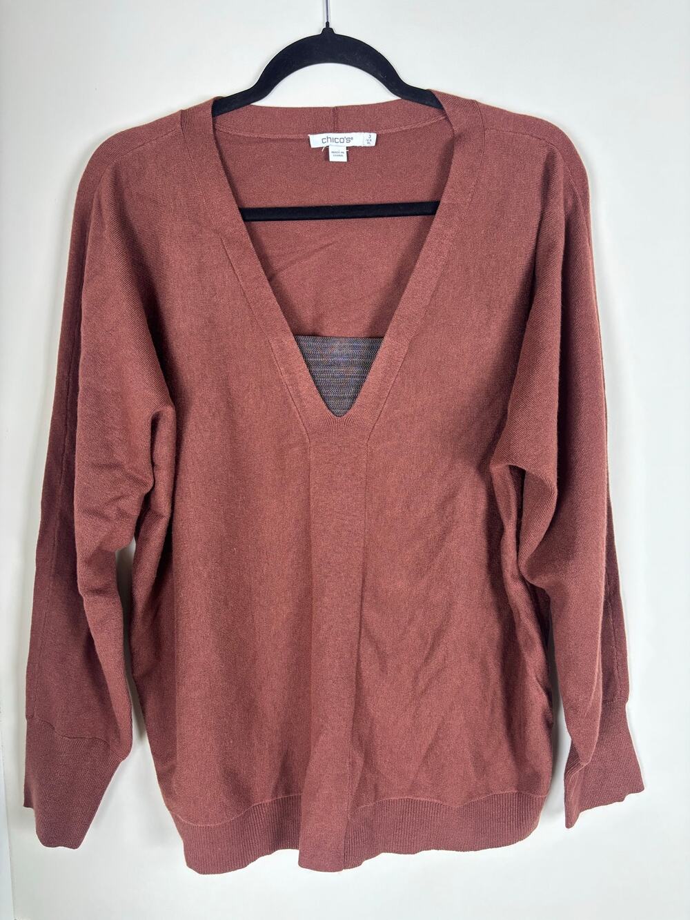 Chico’s Size 3 XL Cashmere Blend Sweater Rust Terracotta V Neck Long Sleeve